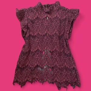 Burgundy Lace High Neck Top | 🌟Open Back | Fringe Trim | Gold Zipper | Small